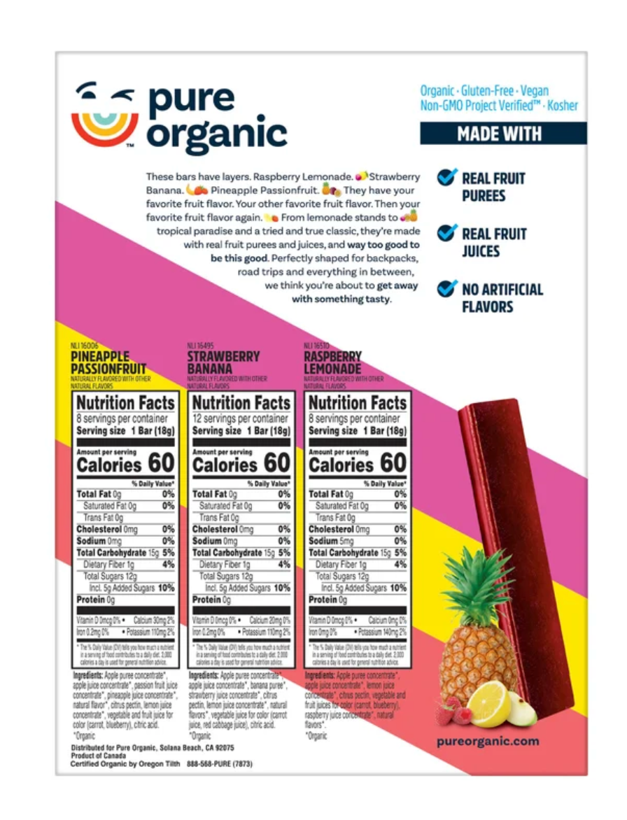 Pure Organic Layered Fruit Bars, Variety Pack, 0.63 oz, 28-count