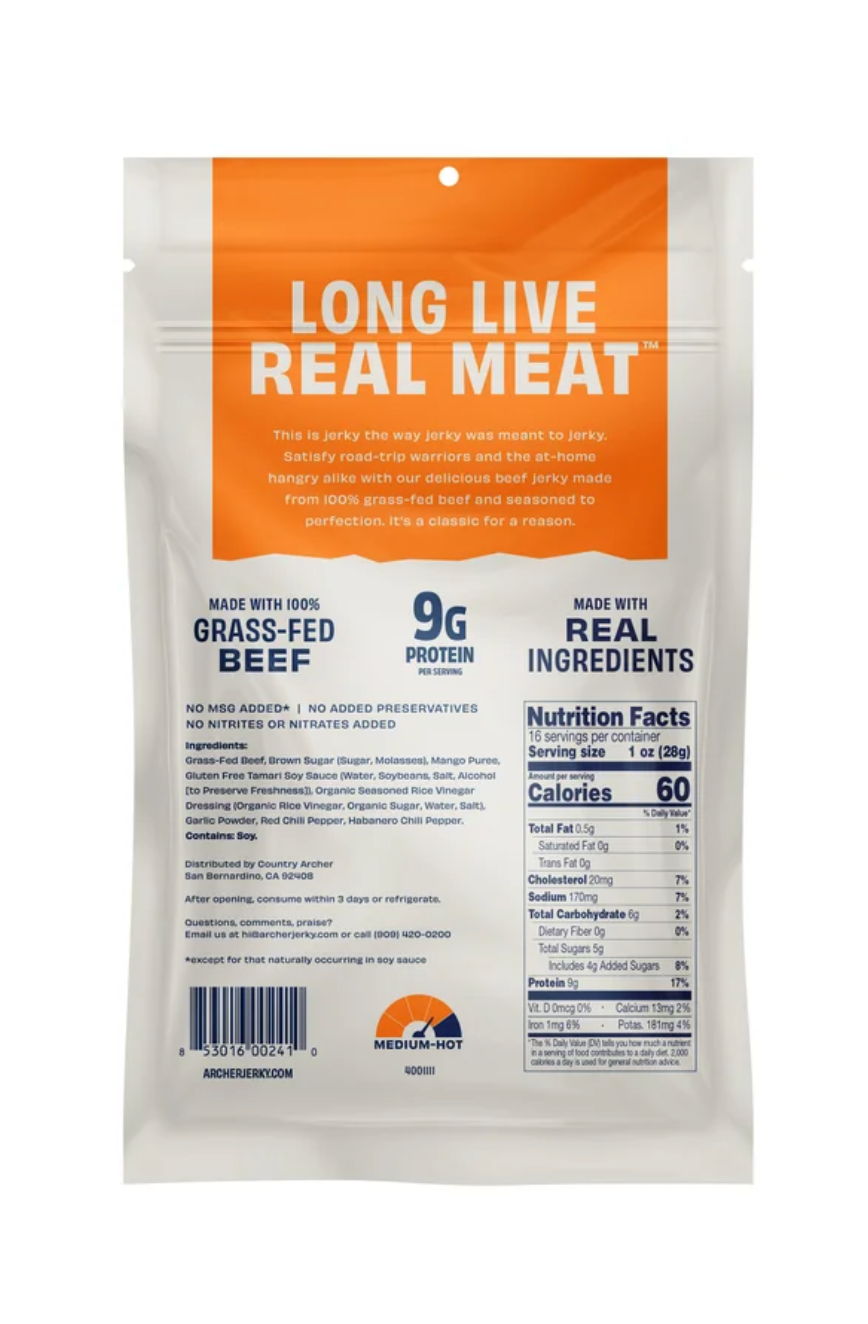 Country Archer Grass-Fed Beef Jerky, Mango Habanero, 16 oz (1 lb) Bag