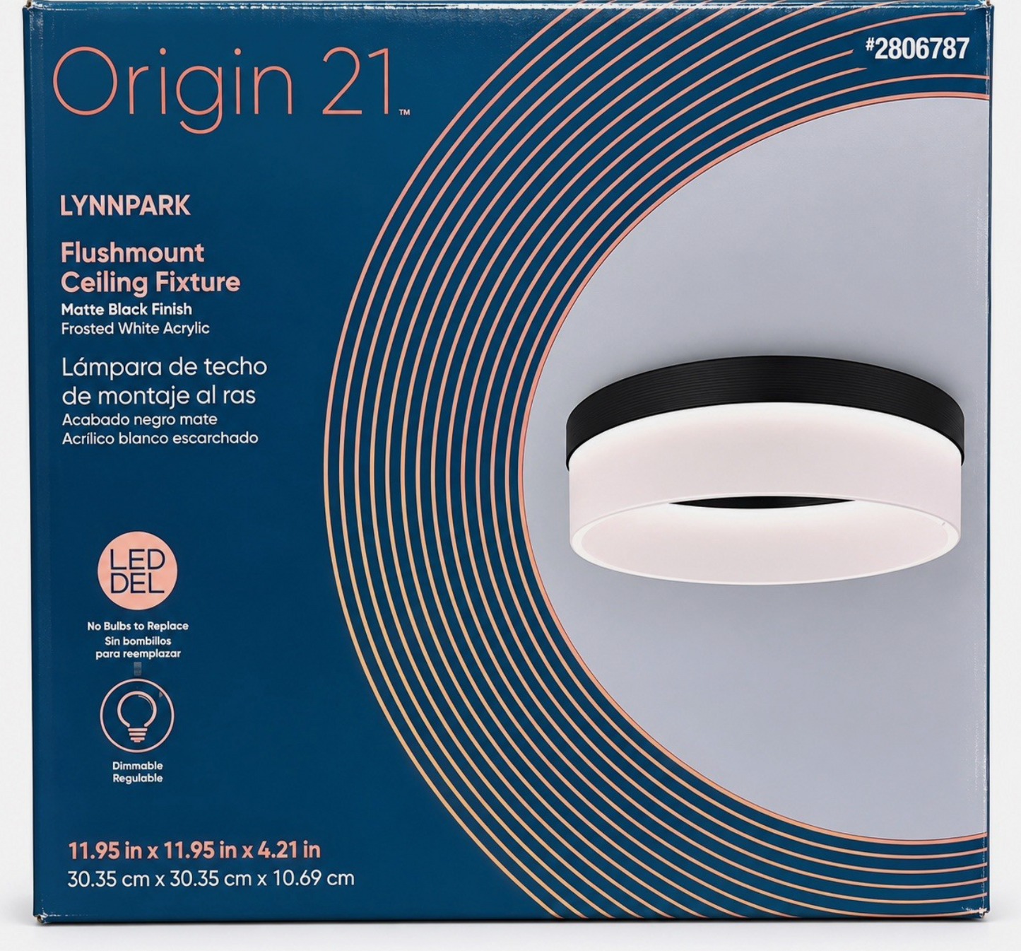 Origin 21 Lynnpark LED Flushmount Ceiling Fixture, Matte Black & Frosted White Acrylic, Dimmable, 11.95"