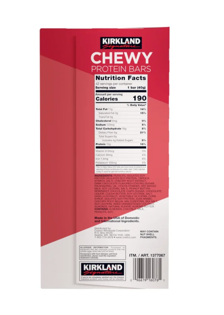 Kirkland Signature Chewy Protein Bar, Peanut Butter & Semisweet Chocolate Chip, 1.41 oz, 42-Count