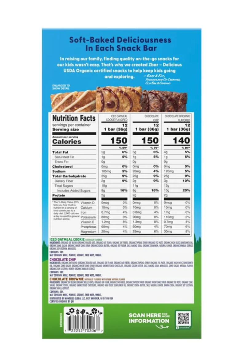 Clif Kid ZBar Organic Granola Bar, Variety Pack, 1.27 oz, 36-count