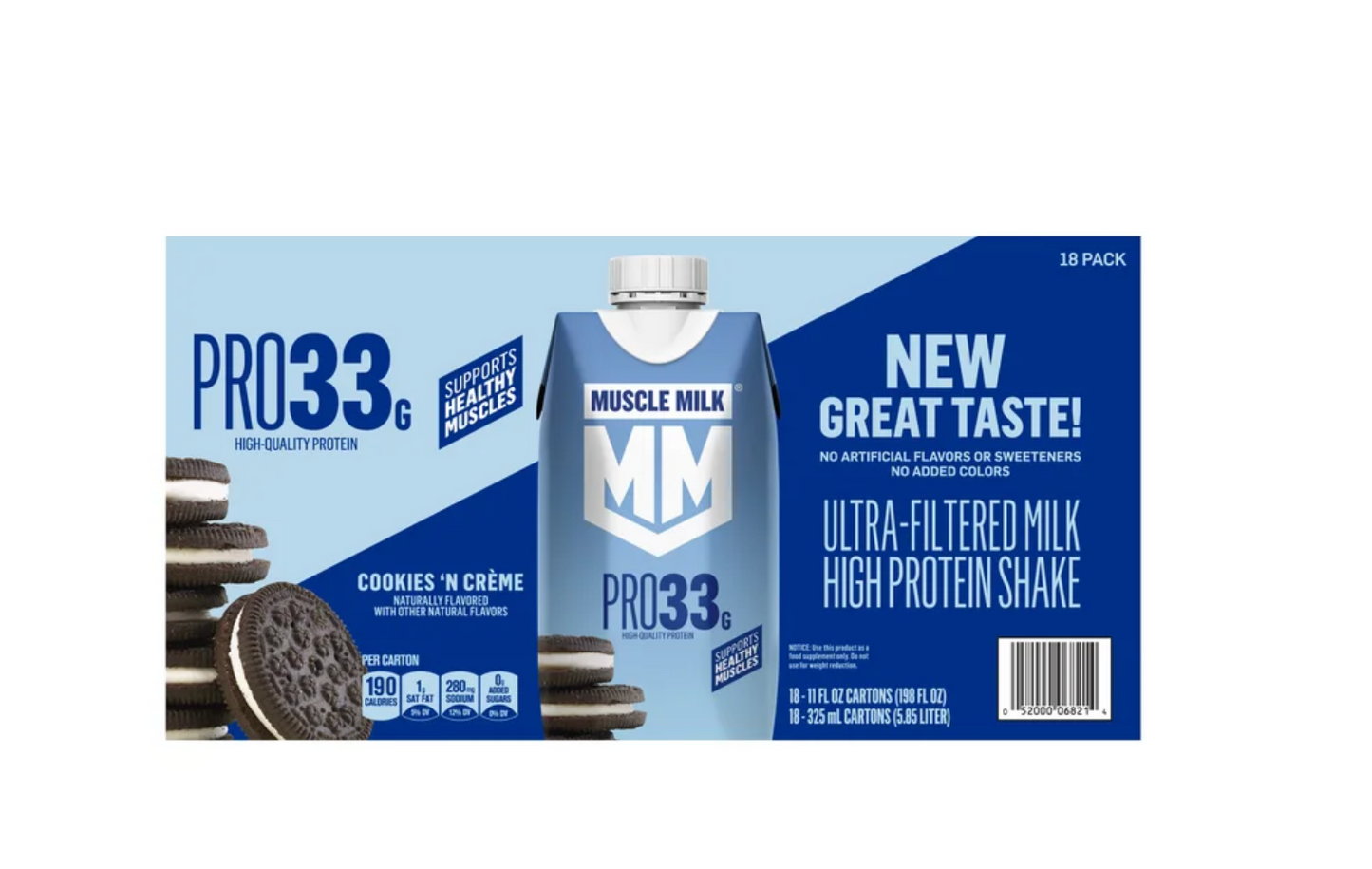 Muscle Milk 33g Protein Ultra-Filtered Milk Shake, Cookies 'N Crème, 11 fl oz, 18-pack