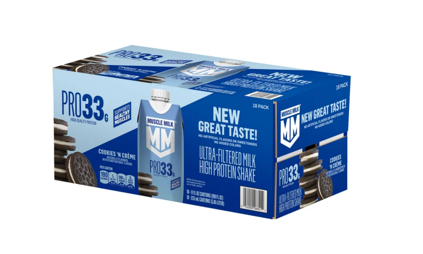 Muscle Milk 33g Protein Ultra-Filtered Milk Shake, Cookies 'N Crème, 11 fl oz, 18-pack