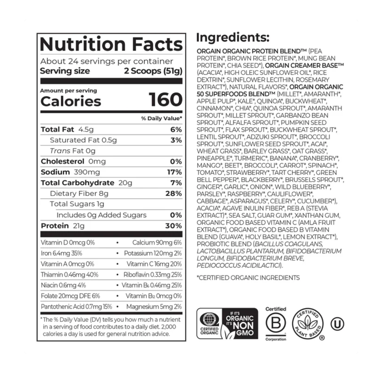 Orgain Organic Protein and Superfoods Plant Based Protein Powder, Vanilla Bean, 2.7 lbs