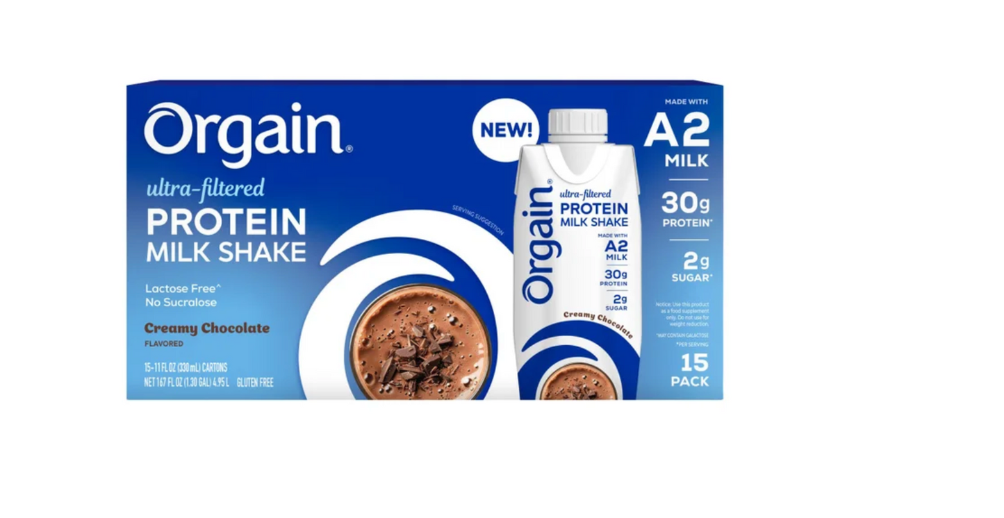 Orgain 30g Ultra Filtered A2 Milk Protein Shake, Chocolate, 11 fl oz, 15-count