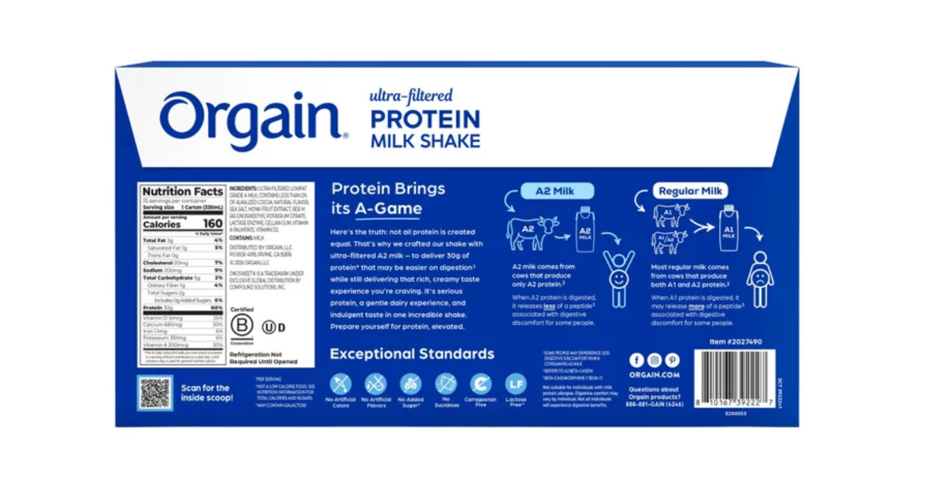 Orgain 30g Ultra Filtered A2 Milk Protein Shake, Chocolate, 11 fl oz, 15-count