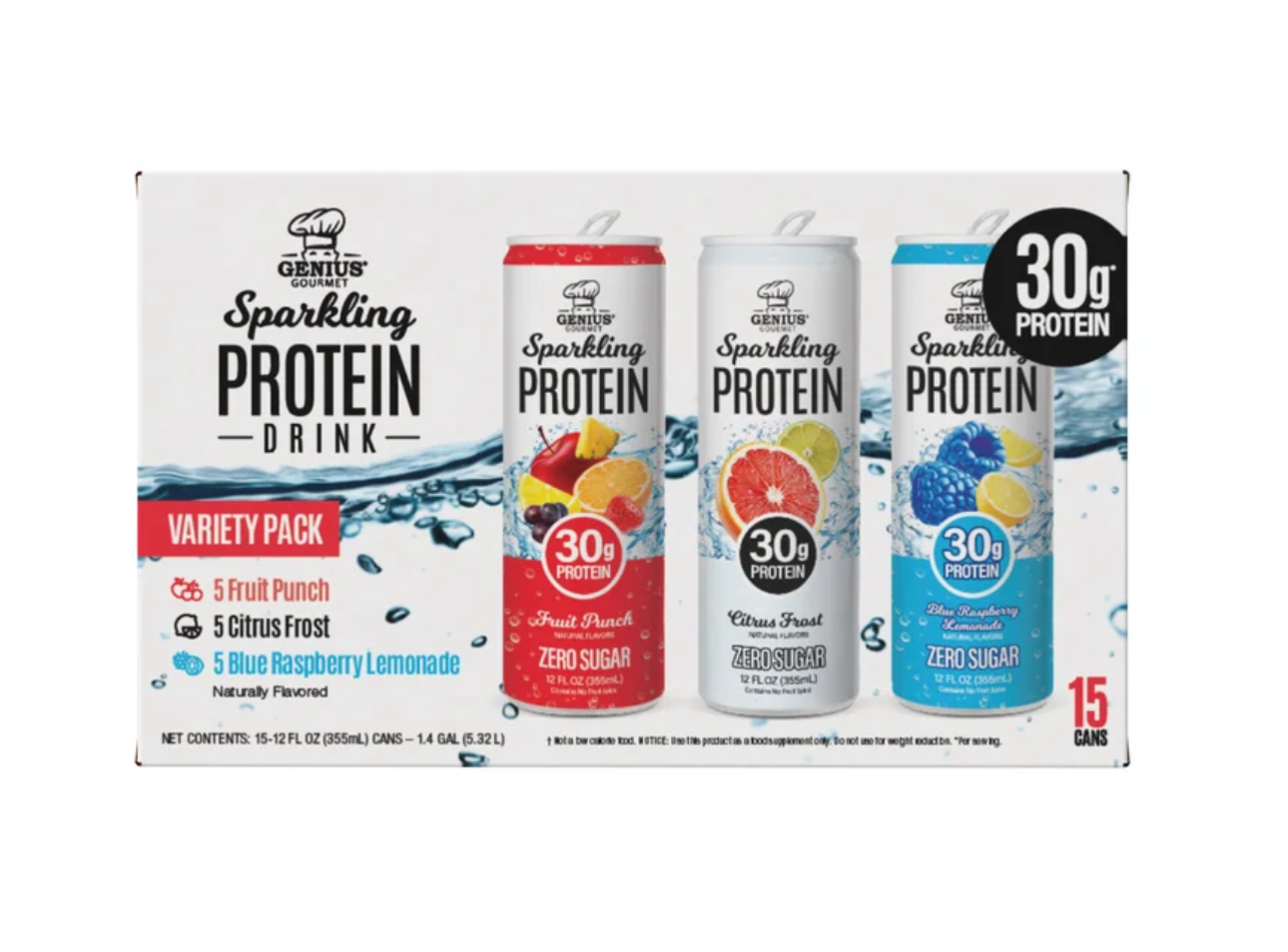 Genius Gourmet Sparkling Clear 30g Protein Variety Pack, 12 fl oz, 15-pack