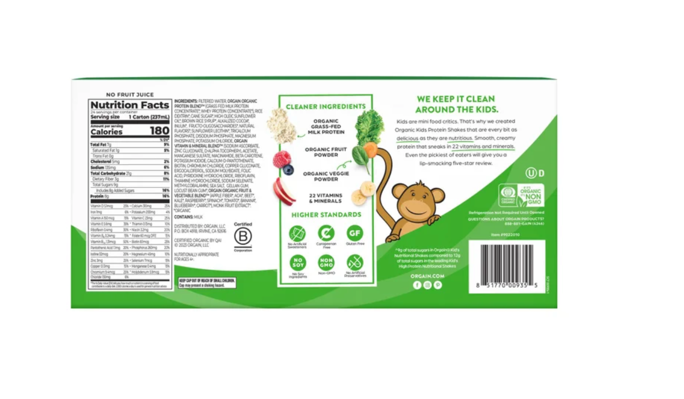 Orgain USDA Organic Kids Nutritional Protein Shake, Chocolate, 8 fl oz, 24-pack