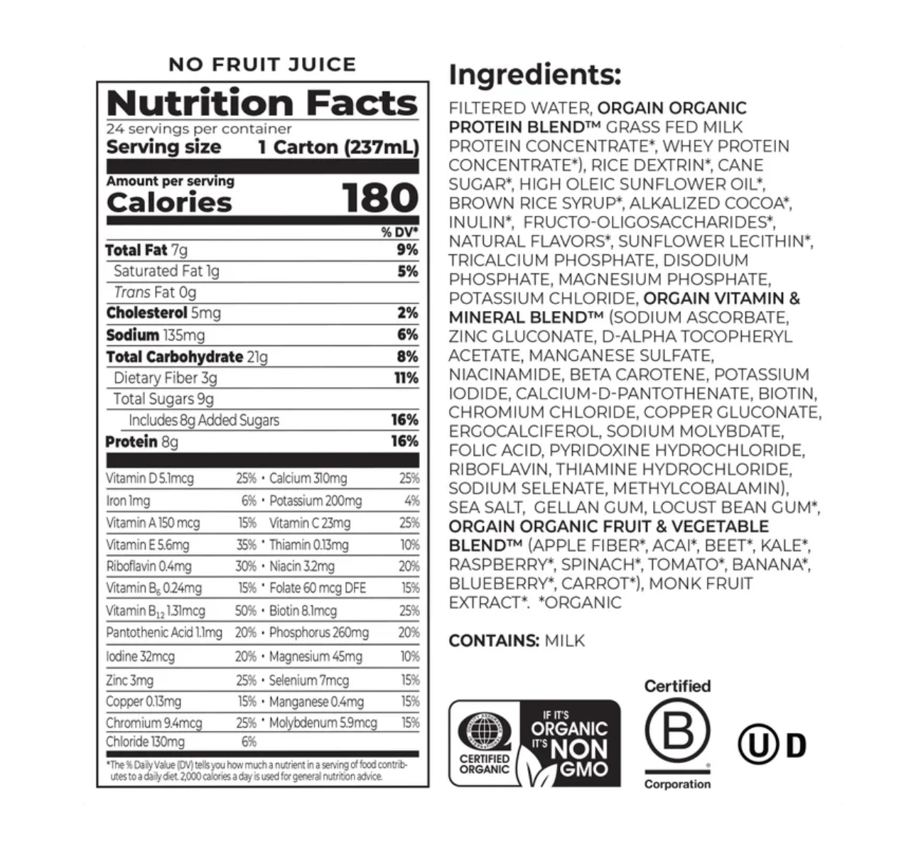 Orgain USDA Organic Kids Nutritional Protein Shake, Chocolate, 8 fl oz, 24-pack