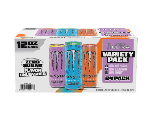 Monster Energy Ultra Sugar-Free Variety Pack (Sunrise, Hawaiian, Passion), 24 Cans