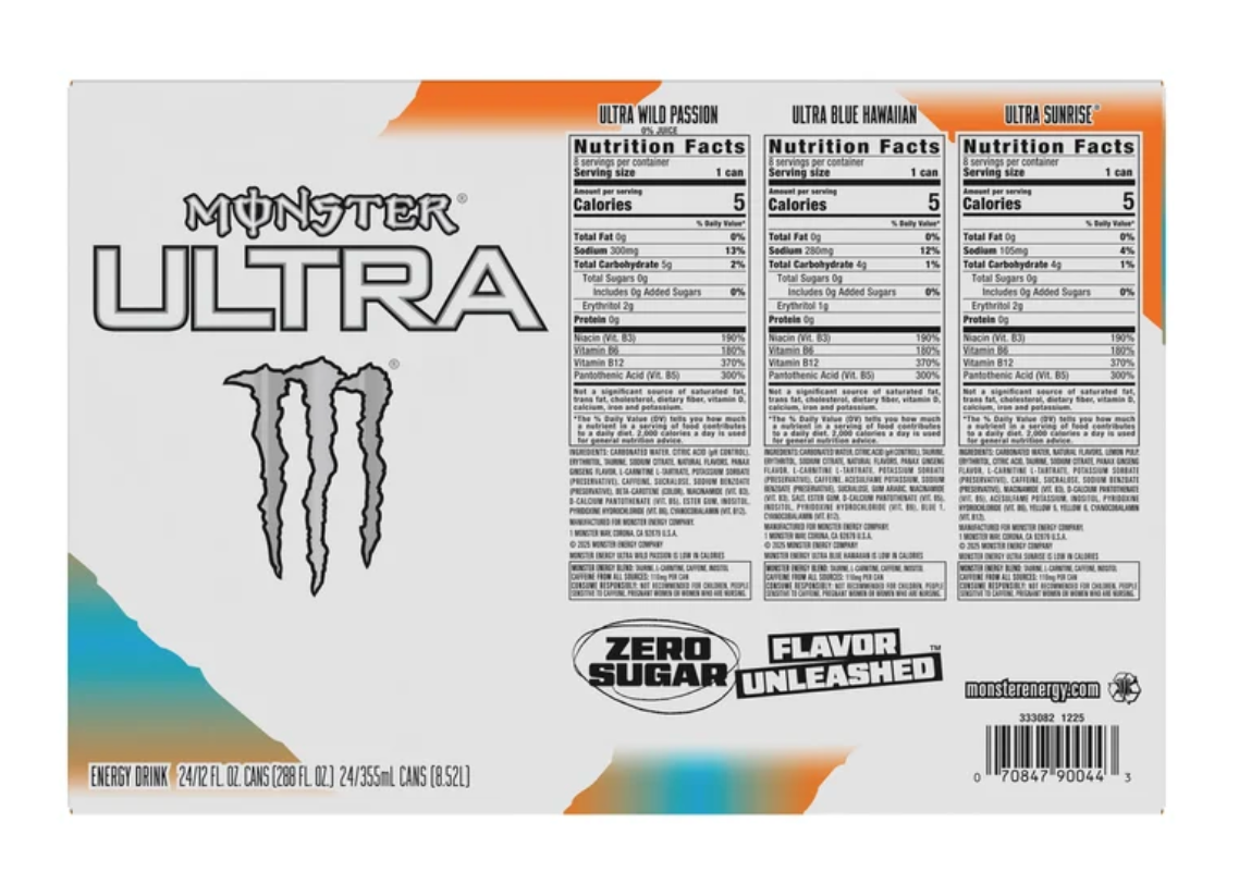 Monster Energy Ultra Sugar-Free Variety Pack (Sunrise, Hawaiian, Passion), 24 Cans
