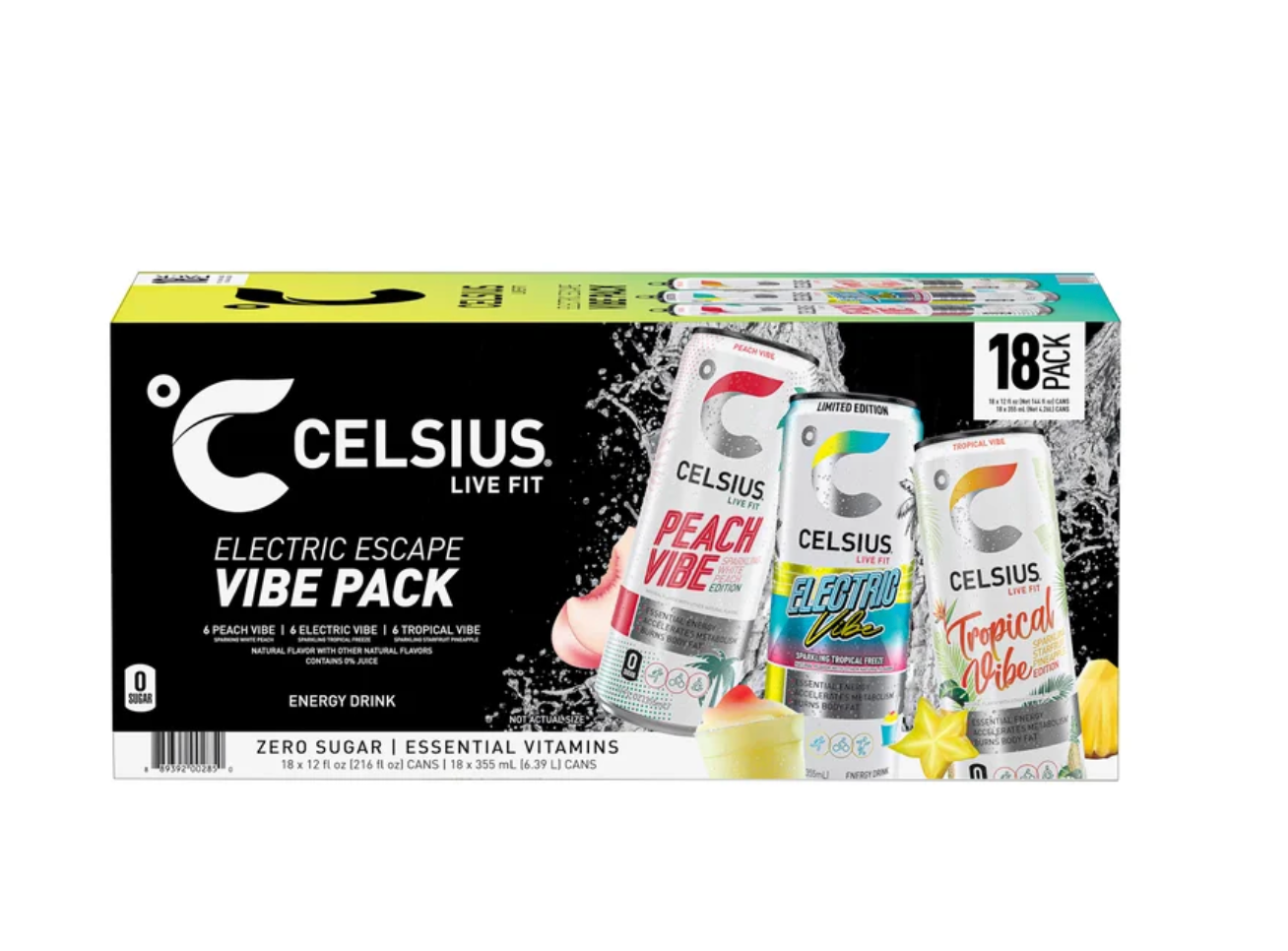 Celsius Live Fit Vibe Variety Pack: Peach, Electric & Tropical (18-Count, 12 fl oz)
