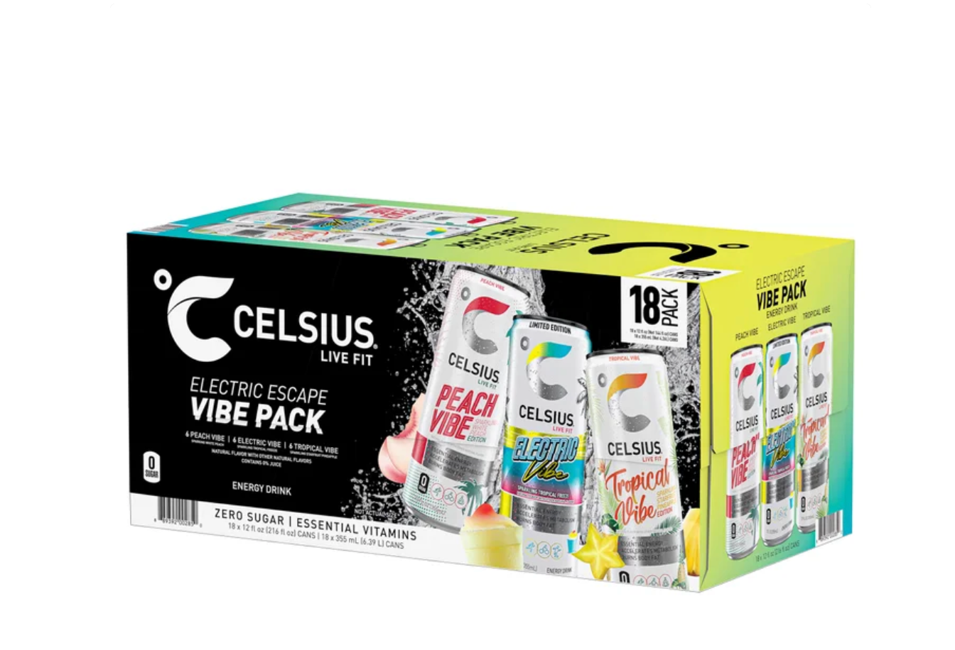 Celsius Live Fit Vibe Variety Pack: Peach, Electric & Tropical (18-Count, 12 fl oz)