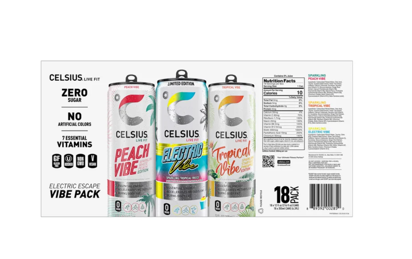 Celsius Live Fit Vibe Variety Pack: Peach, Electric & Tropical (18-Count, 12 fl oz)