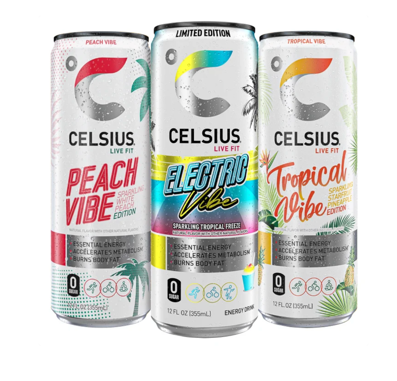 Celsius Live Fit Vibe Variety Pack: Peach, Electric & Tropical (18-Count, 12 fl oz)