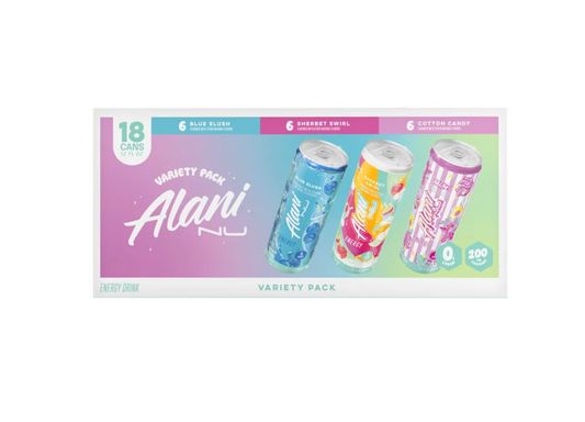 Alani Nu Energy Drink Variety Pack: Blue Slush, Sherbet Swirl & Cotton Candy (18-Count, 12 fl oz)