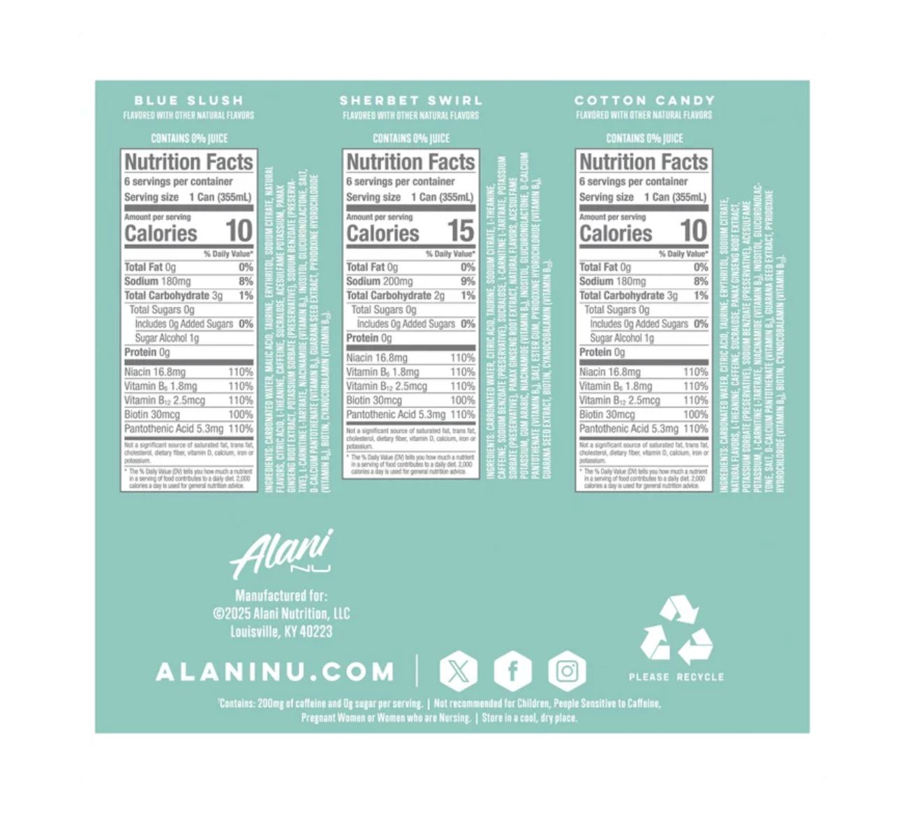 Alani Nu Energy Drink Variety Pack: Blue Slush, Sherbet Swirl & Cotton Candy (18-Count, 12 fl oz)