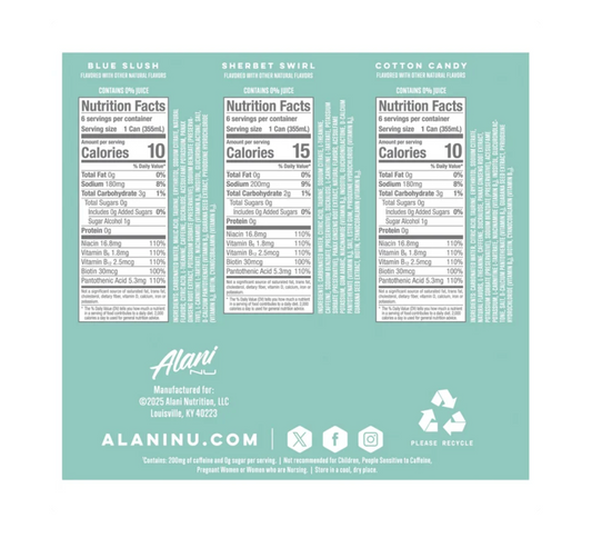 Alani Nu Energy Drink Variety Pack: Blue Slush, Sherbet Swirl & Cotton Candy (18-Count, 12 fl oz)