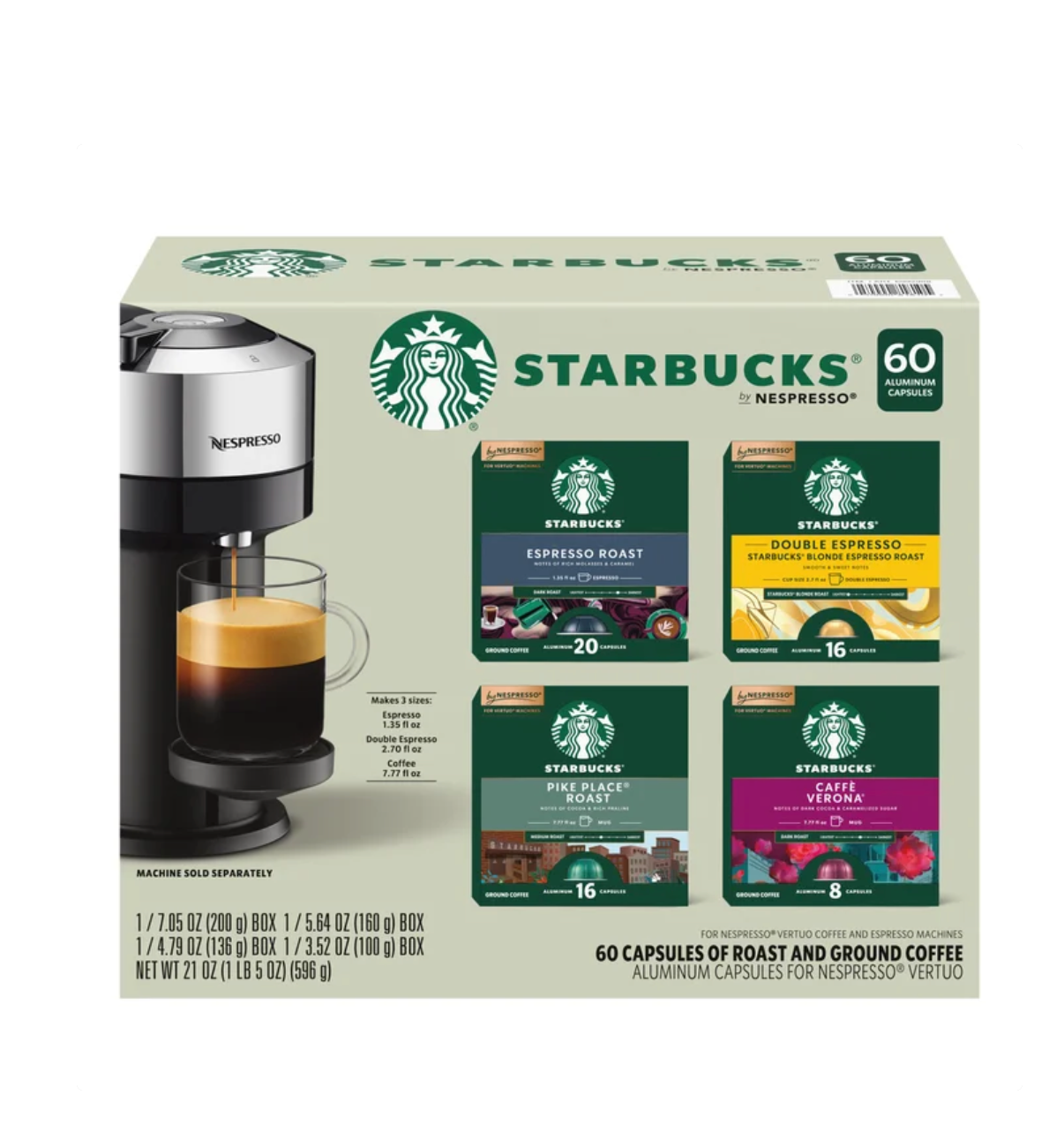 Starbucks Coffee and Espresso Capsules for Nespresso Vertuo Machines 60-count Variety Pack, 100% Arabica Coffee