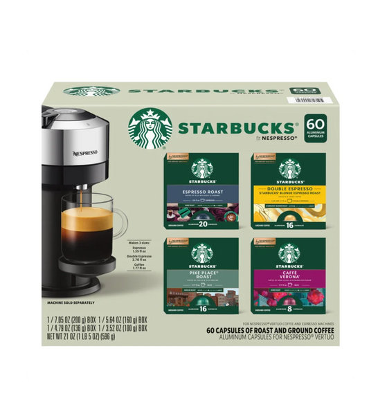 Starbucks Coffee and Espresso Capsules for Nespresso Vertuo Machines 60-count Variety Pack, 100% Arabica Coffee