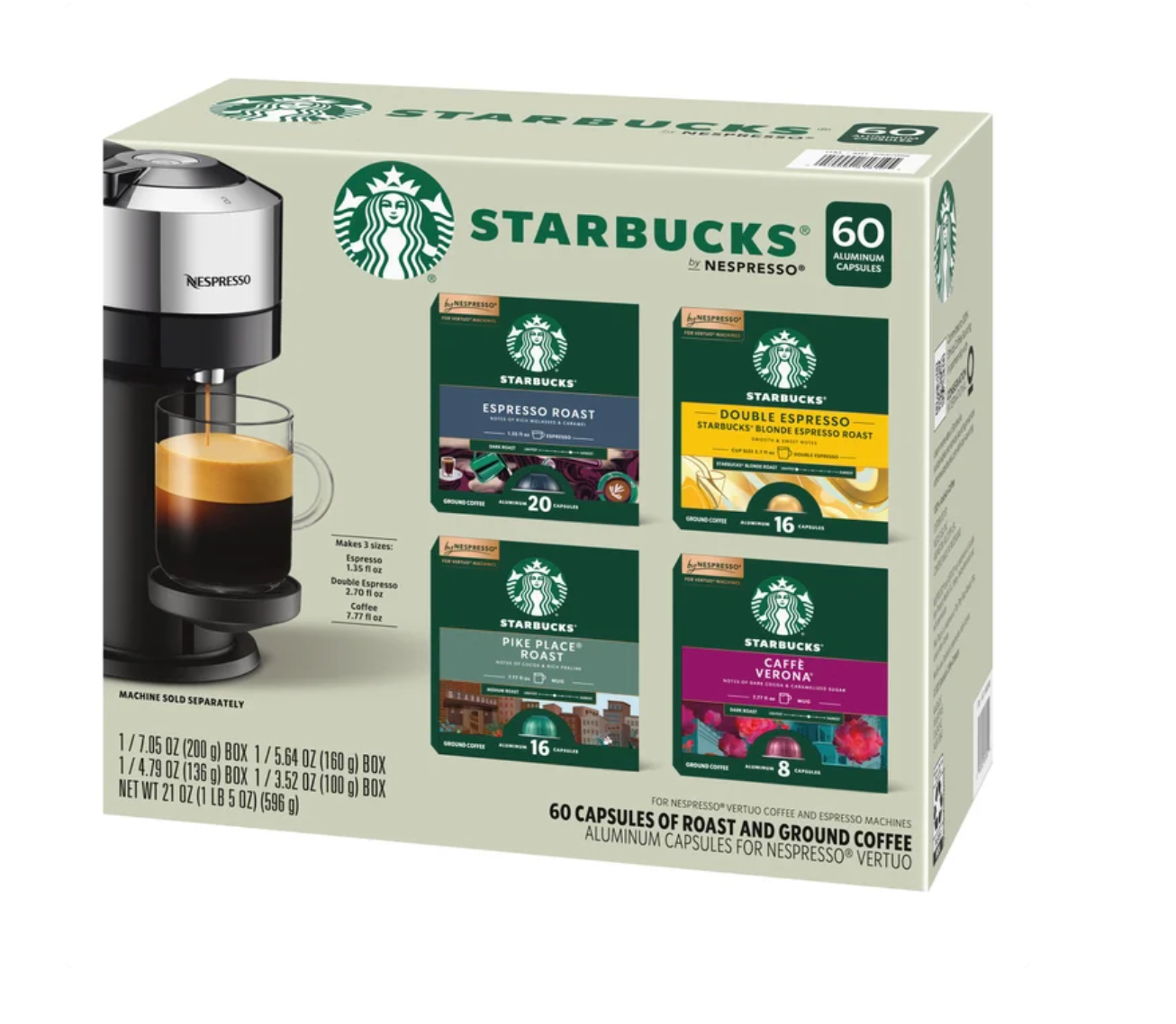 Starbucks Coffee and Espresso Capsules for Nespresso Vertuo Machines 60-count Variety Pack, 100% Arabica Coffee