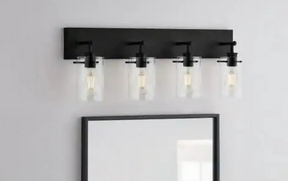 Hampton Bay Regan 29.25" 4-Light Matte Black Bathroom Vanity Light with Clear Glass Shades