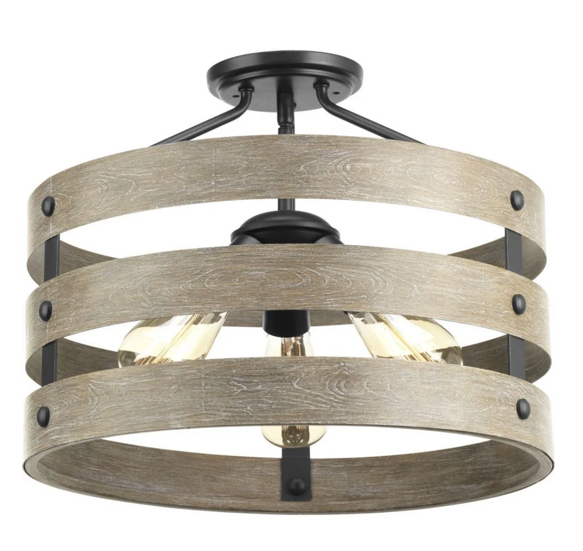 Progress Lighting Gulliver 3-Light Semi-Flush Convertible Ceiling Fixture in Faux Wood & Matte Black