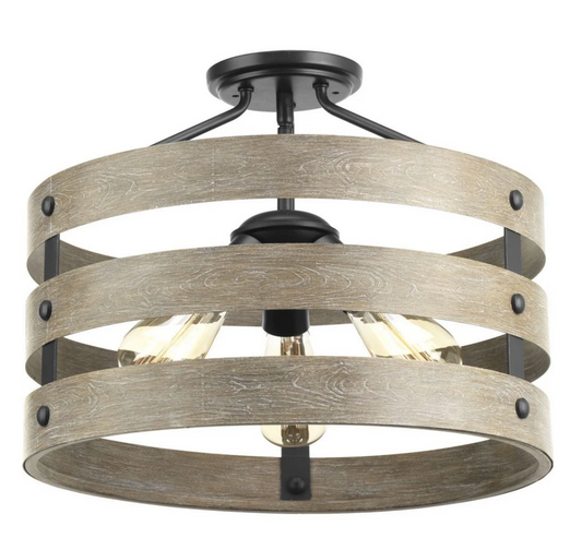 Progress Lighting Gulliver 3-Light Semi-Flush Convertible Ceiling Fixture in Faux Wood & Matte Black