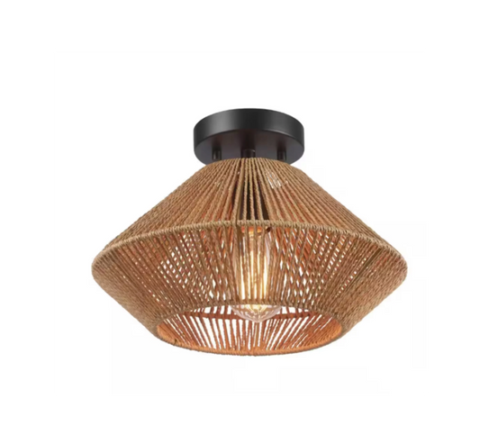 Hampton Bay Savannah 1-Light Semi-Flush Mount Ceiling Light Paper Twine Shade Matte Black