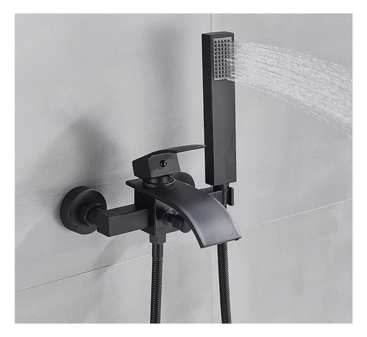 Matte Black Wall-Mount Waterfall Tub Faucet Bathtub Mixer with Handheld Shower Solid Brass