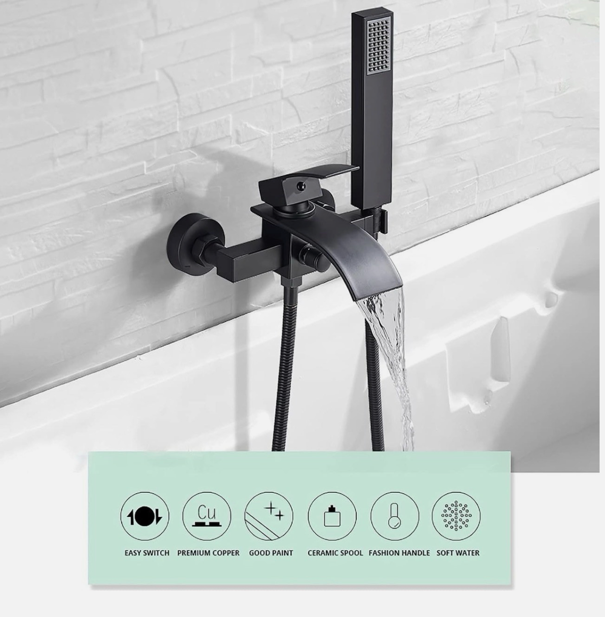 Matte Black Wall-Mount Waterfall Tub Faucet Bathtub Mixer with Handheld Shower Solid Brass