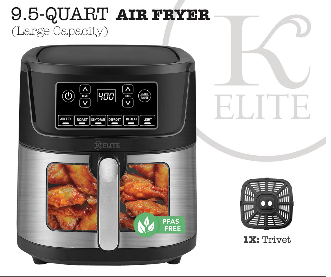 Kitchen Elite 9.5 Qt. Digital Air Fryer Easy-View Window Stainless Steel PFAS-Free