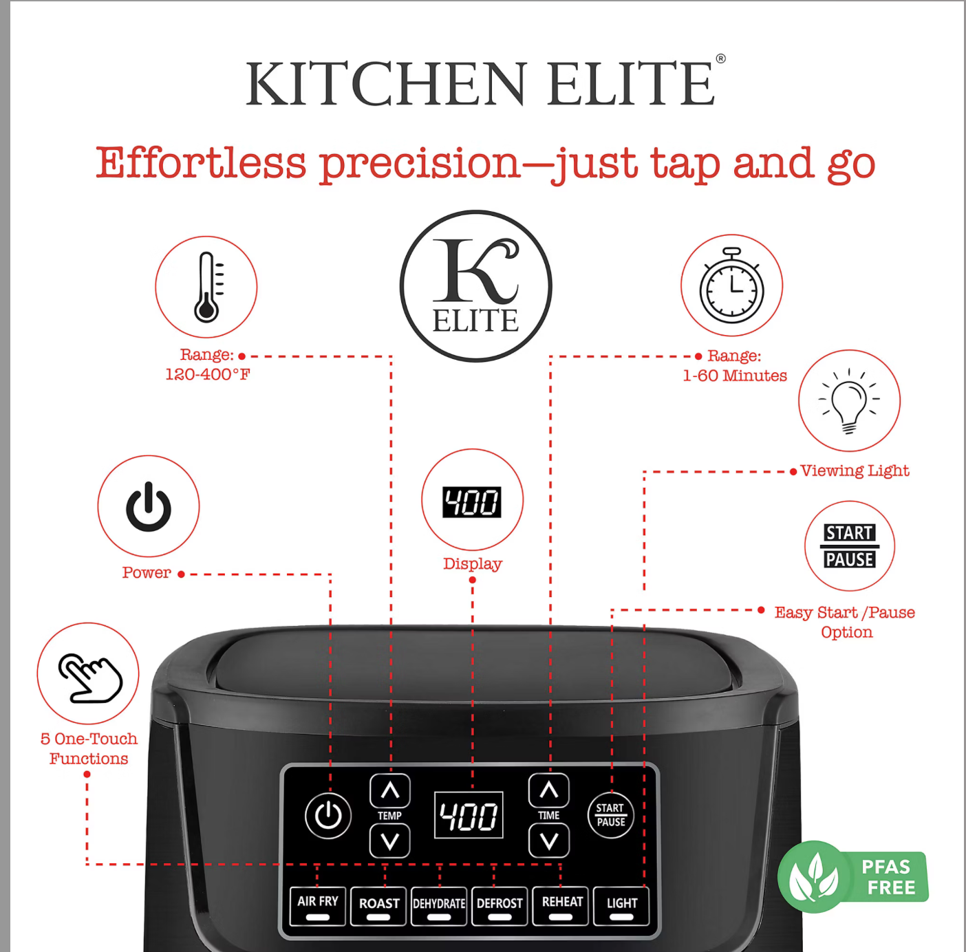 Kitchen Elite 9.5 Qt. Digital Air Fryer Easy-View Window Stainless Steel PFAS-Free