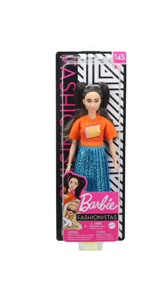 Barbie Fashionistas Doll #145 Brunette Pigtails "Feelin Bright" Outfit, Mattel