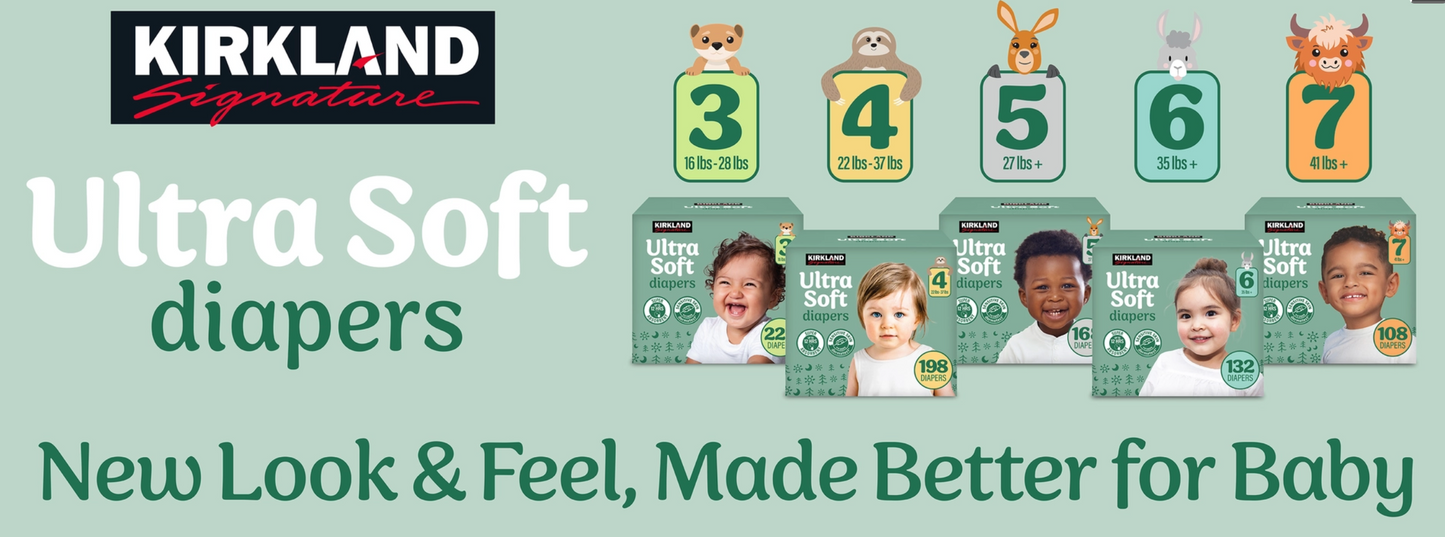 Kirkland Signature Ultra Soft Baby Diapers, Sizes 1-7, Up to 12-Hour Protection