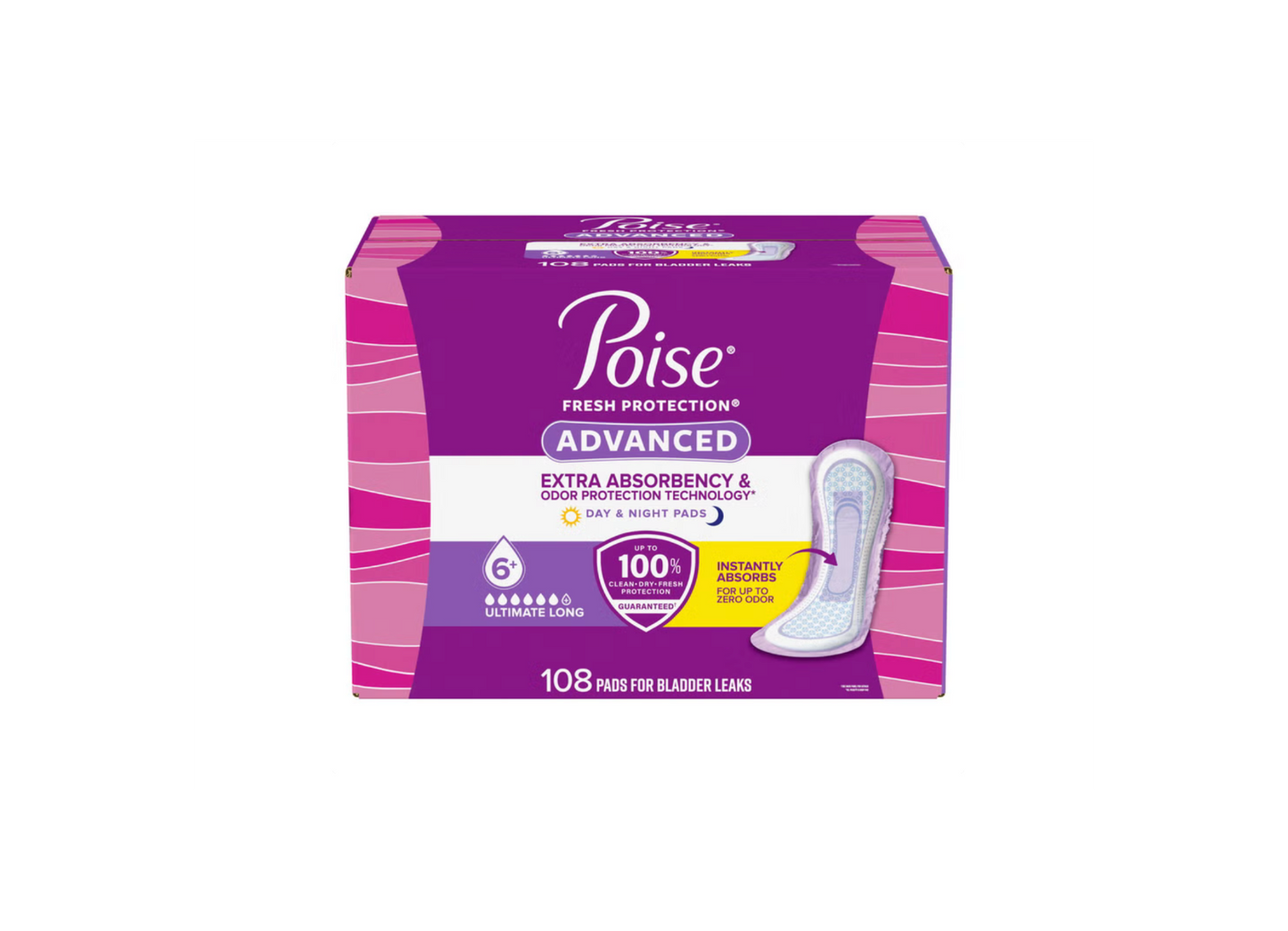 Poise Fresh Protection Advanced Incontinence Pads - Ultimate Absorbency Long, Day & Night Bladder Leak Protection (108 Count)