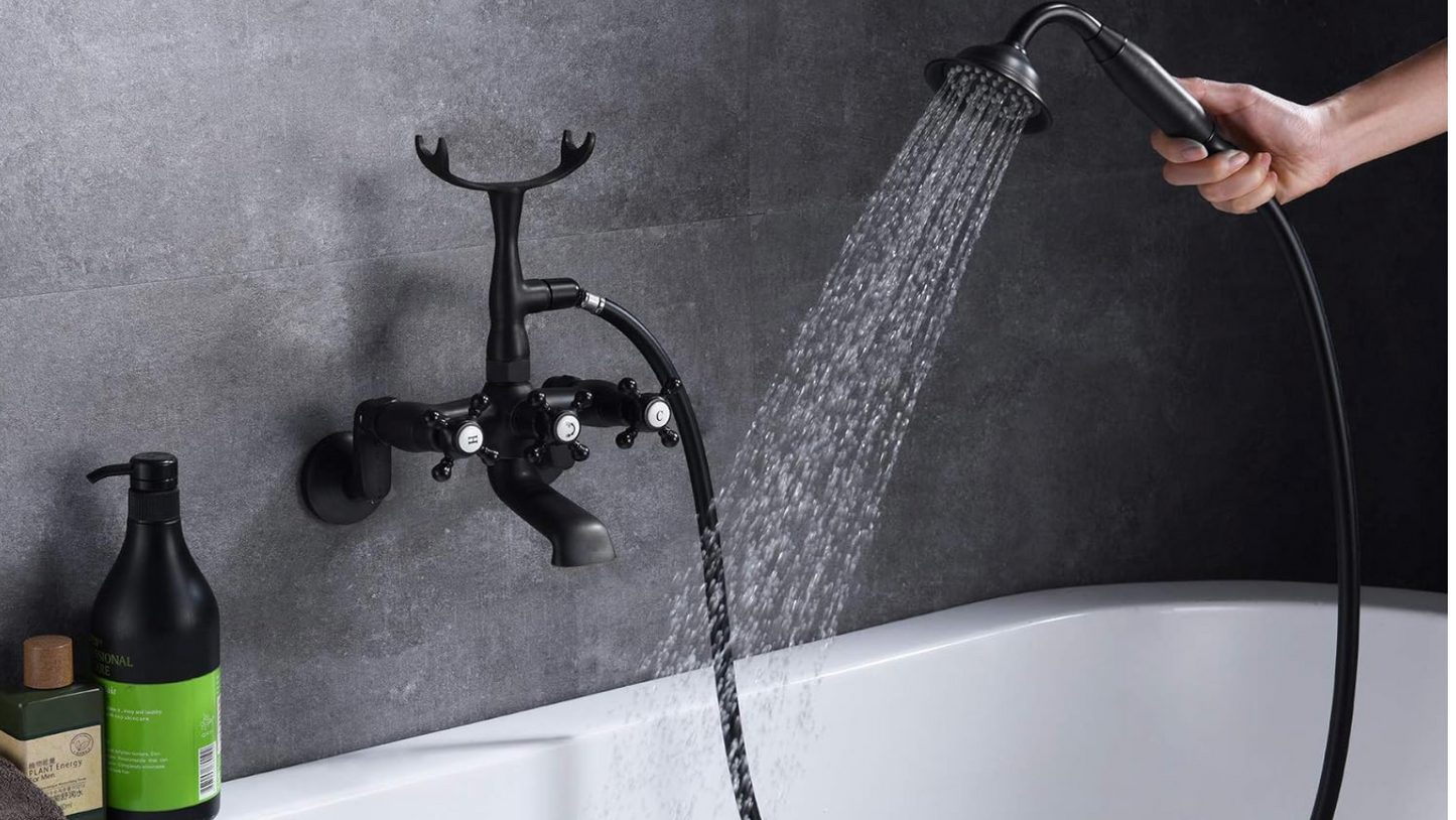 Sumerain Vintage Wall Mount Clawfoot Tub Faucet Matte Black Telephone Hand Shower Adjustable 3 to 9 Inch Center