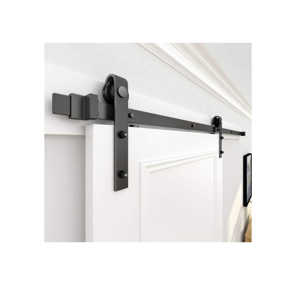 WINSOON J-Shape Sliding Barn Door Hardware Roller Kit Frosted Black Carbon Steel Hangers