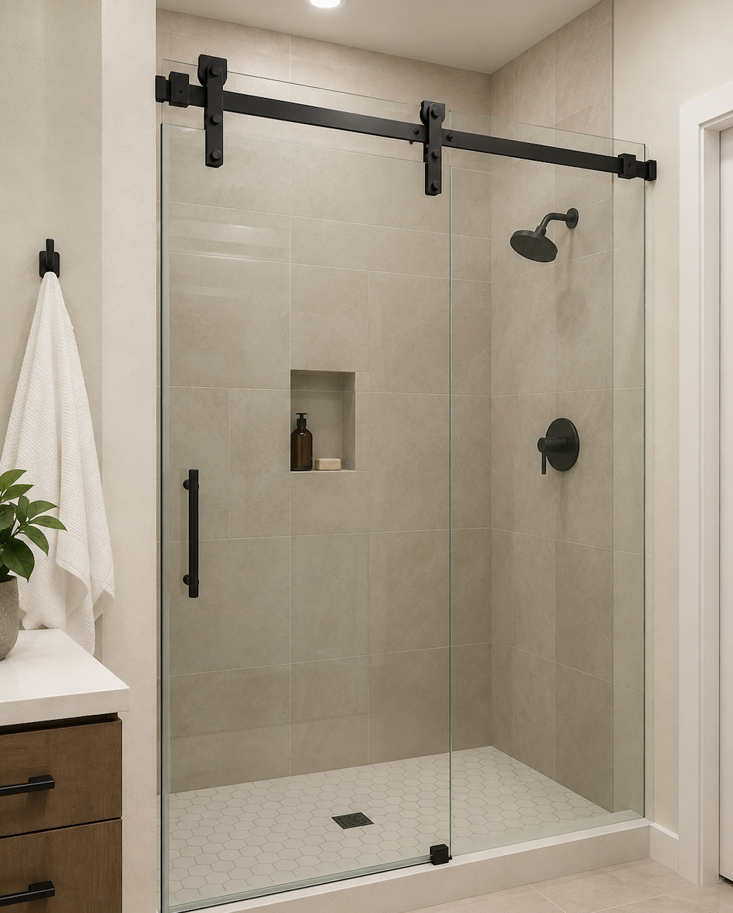WINSOON J-Shape Sliding Barn Door Hardware Roller Kit Frosted Black Carbon Steel Hangers