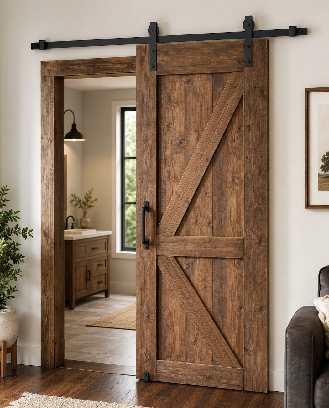 WINSOON J-Shape Sliding Barn Door Hardware Roller Kit Frosted Black Carbon Steel Hangers