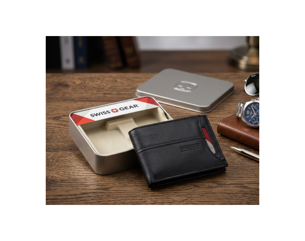 Swissgear Men's Leather Bifold Wallet with Front Pocket & Gift Tin, Black