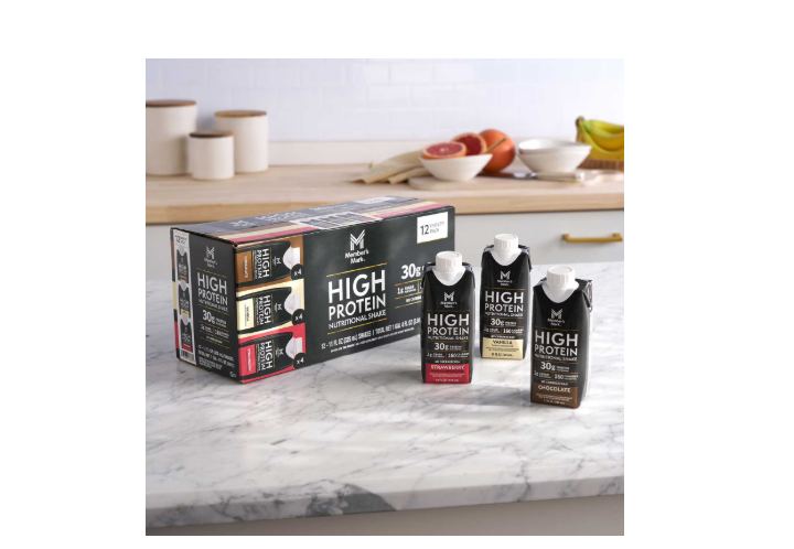 Member's Mark 30g High Protein Shakes Variety Pack Chocolate, Vanilla & Strawberry 11 fl oz, 12 Pack
