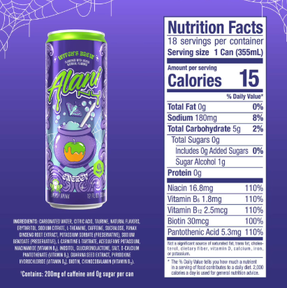 Alani Nu Energy Drink Witch's Brew, Sour Apple & Caramel, 12 fl oz, 18 Pack
