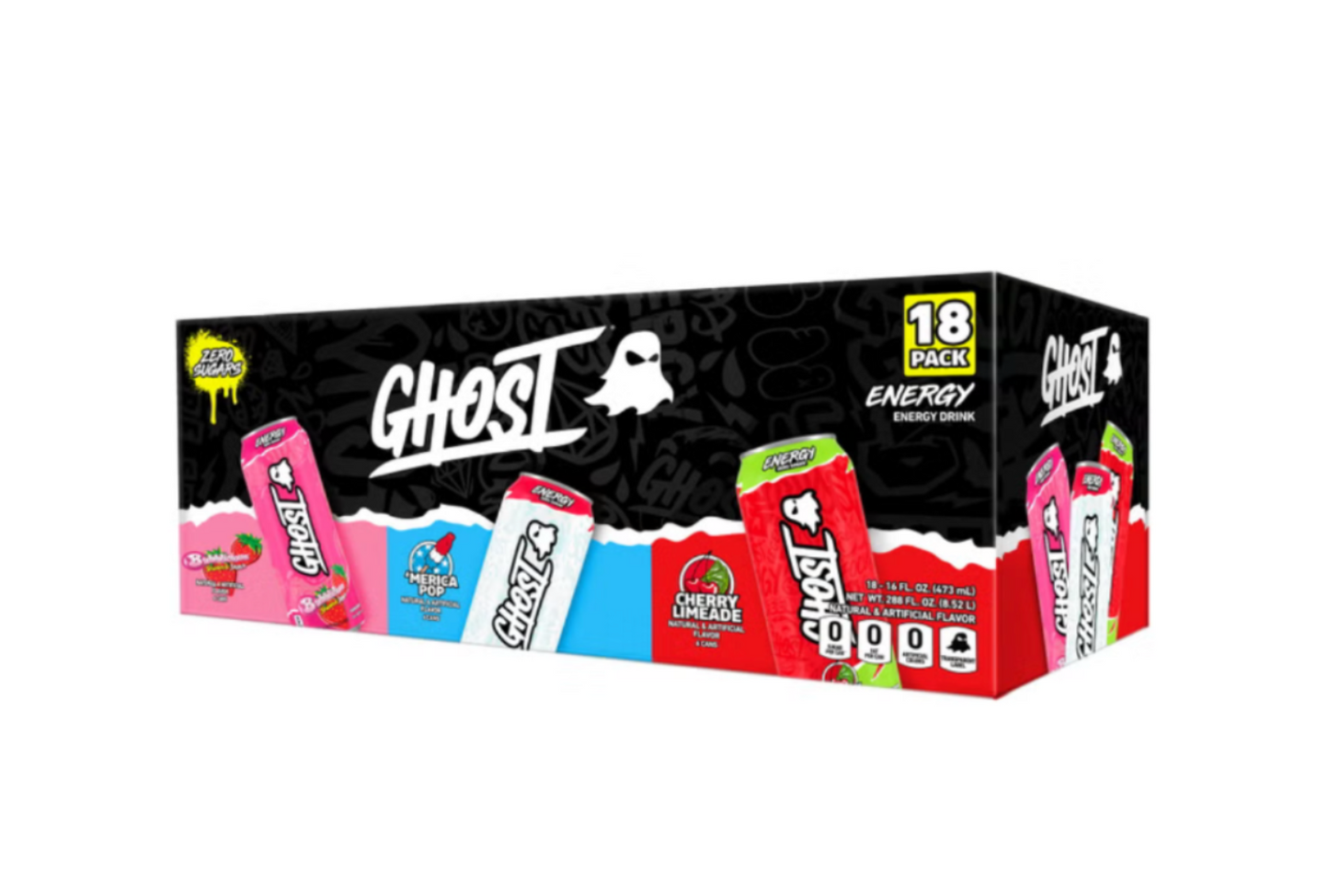 Ghost Energy Zero Sugar Variety Pack, Bubblicious Strawberry, Merica Pop, Cherry Limeade, 16 fl oz, 18 Pack