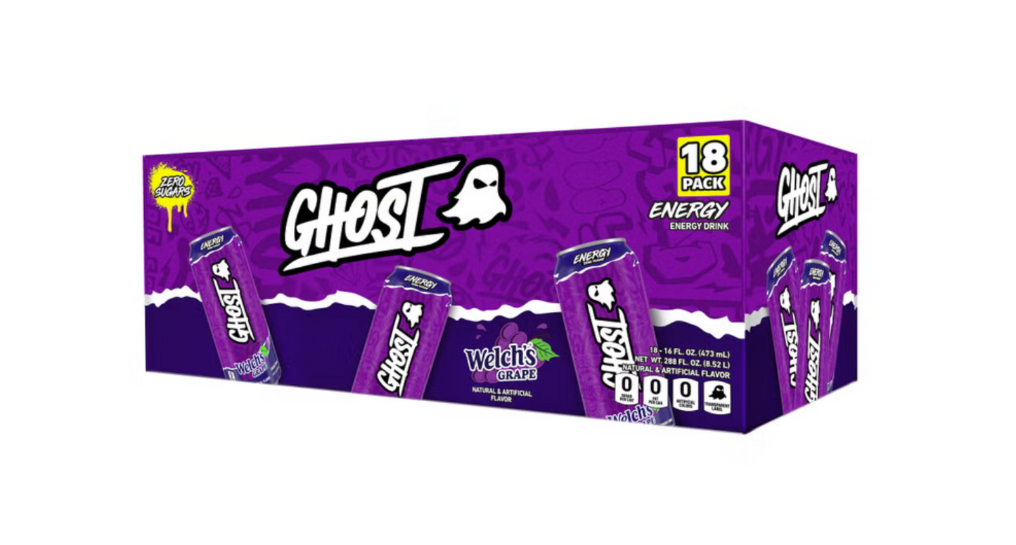 Ghost Energy Drink Welch's Grape 18 Pack (16 fl oz) - Zero Sugar Energy & Focus Drink