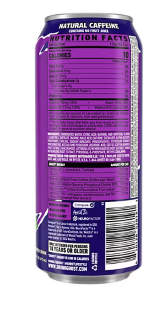 Ghost Energy Drink Welch's Grape 18 Pack (16 fl oz) - Zero Sugar Energy & Focus Drink