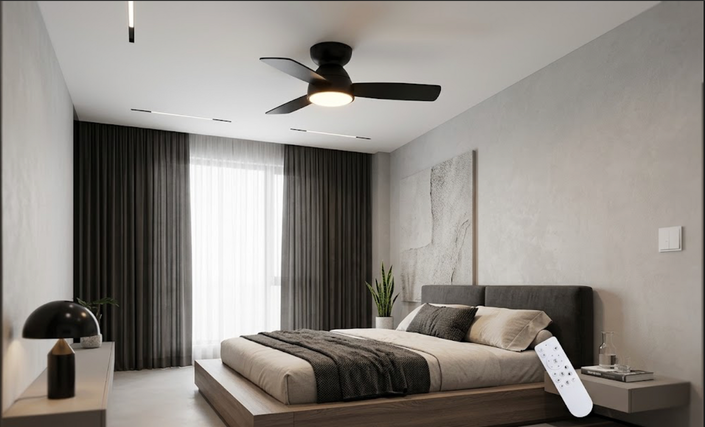 32" Modern Flush Mount Ceiling Fan with Light & Remote | Black