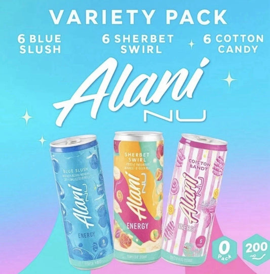 Alani Nu Energy Drink Variety Pack – 18 Pack (6 Blue Slush, 6 Sherbet Swirl, 6 Cotton Candy)