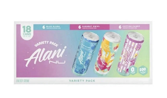 Alani Nu Energy Drink Variety Pack – 18 Pack (6 Blue Slush, 6 Sherbet Swirl, 6 Cotton Candy)