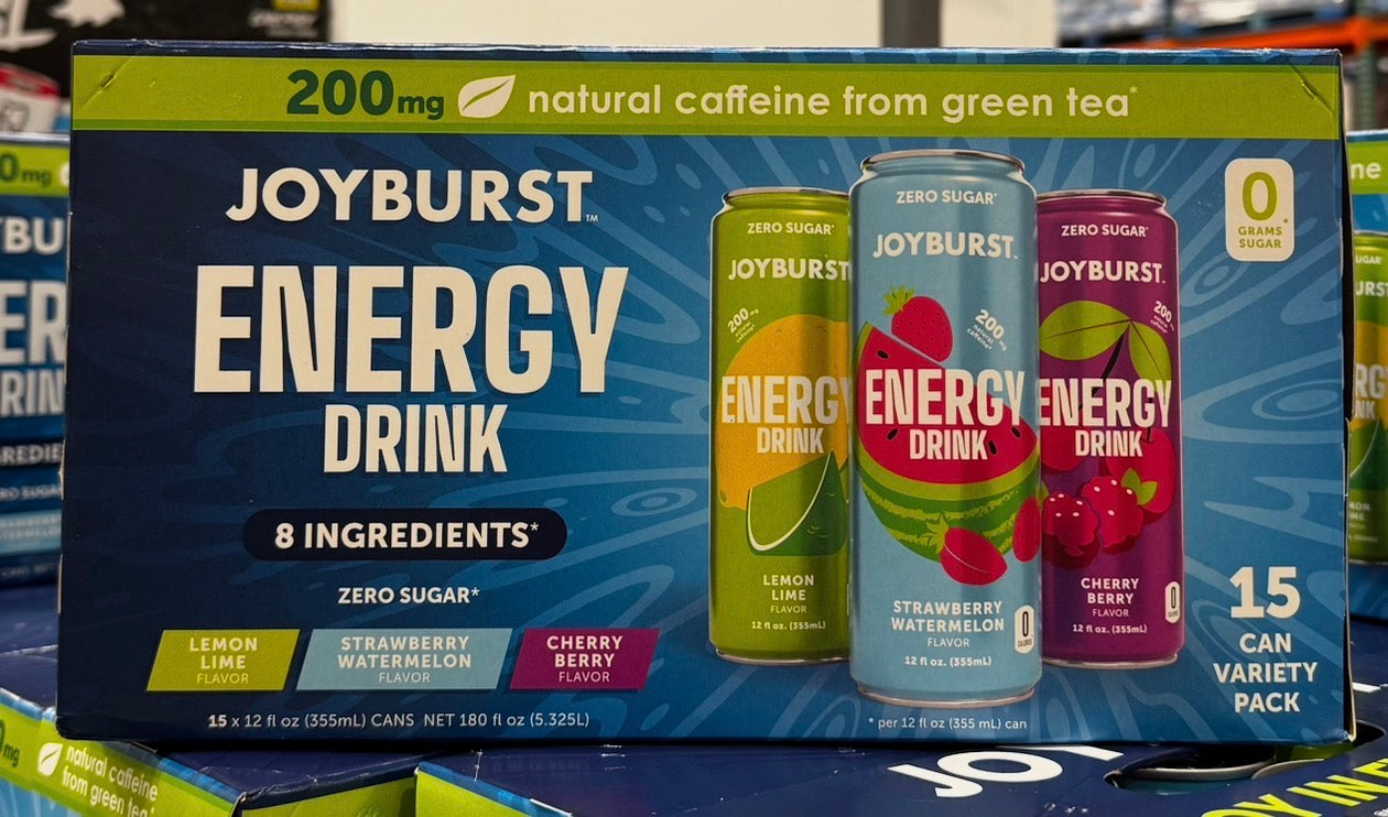 Joyburst Energy Drink Variety Pack (15 Pack), 0 Sugar, 200mg Natural Caffeine